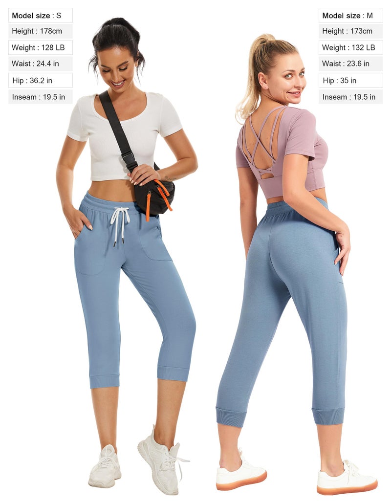 SPECIALMAGIC Women's Capri Joggers Cropped Sweatpants Running Pants Lounge Drawstring with Side Pockets Light Blue L - Image 2